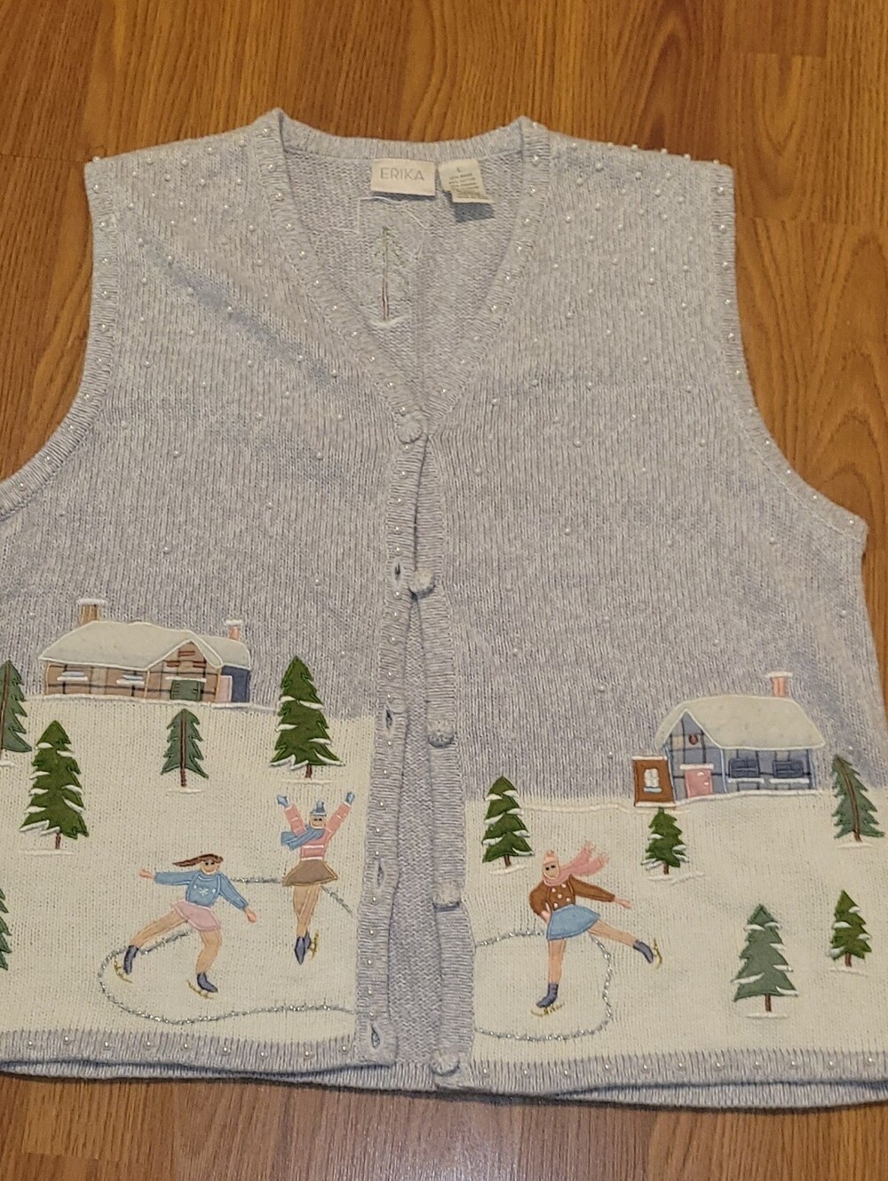 Vintage Erika Ice Skating Winter Scene Beaded Sweater Vest Size L